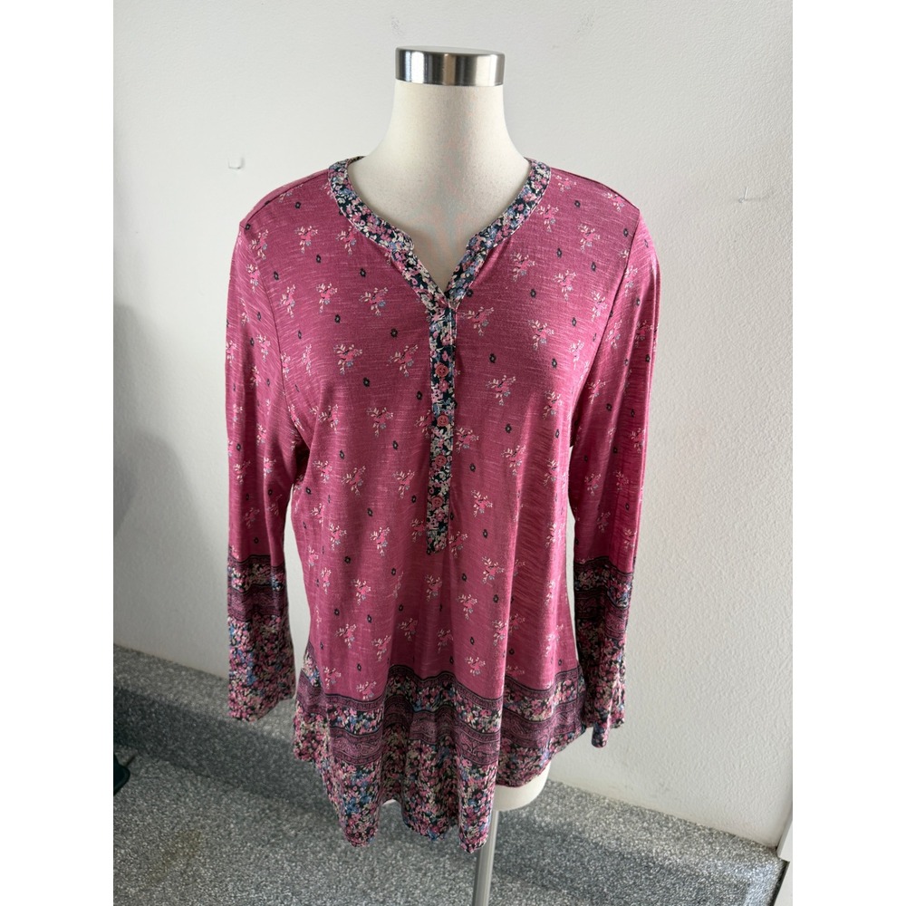 Style & Co Woman Plus 1X Pink Floral Tunic Top Long Sleeve Henley Shirt